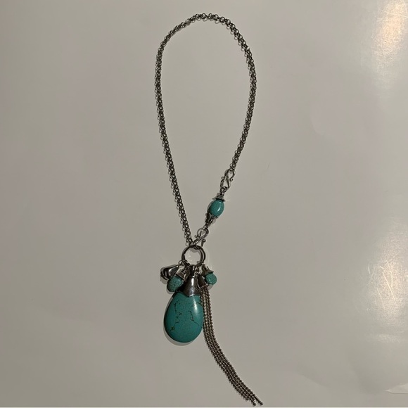 Silver tone and turquoise necklace with oversized pendant and charms. - Picture 3 of 8